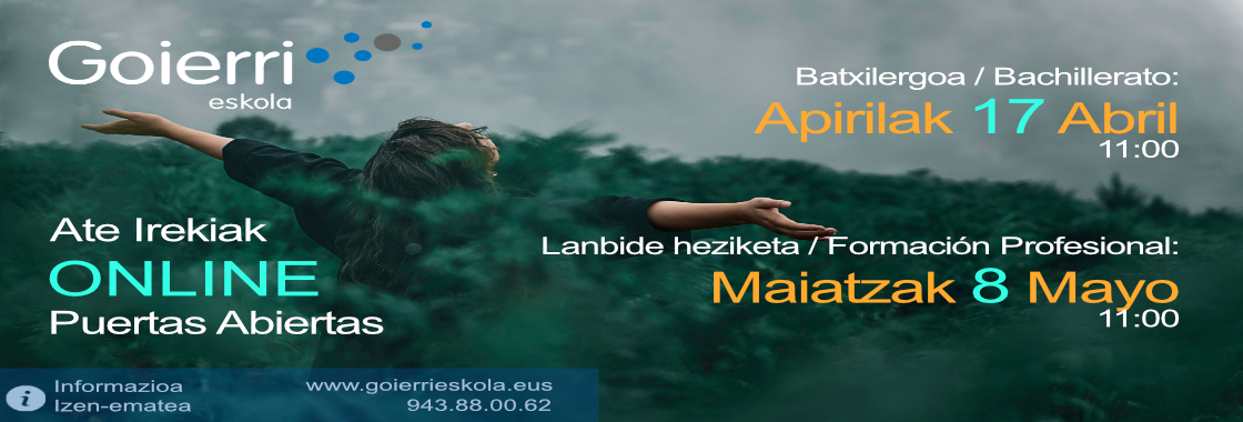 2021-03-16_ATEIREKIAK_1120x380 cartel que anuncia las jornadas de puertas abiertas de Goierri Eskola.