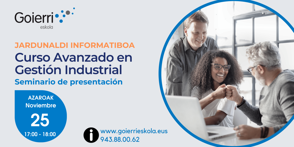 cartel de presentación del curso avanzado en gestión industrial impartido por Goierri Eskola.