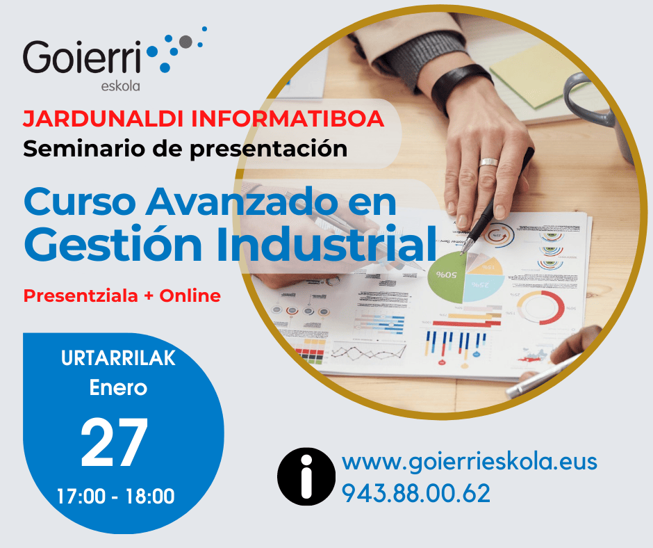 cartel de la jornada informativa del curso avanzado en gestión industrial de Goierri Eskola