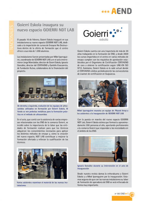 Mención al espacio Goierri NDT Lab en la revista de AEND